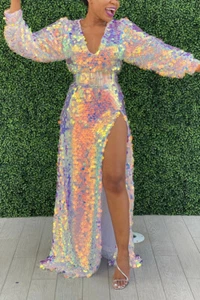 Reflective Sequin V Neck High Slit Maxi Dress with Belt - Picture 1 of 25