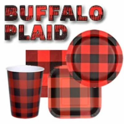 Buffalo Plaid Party Paper Plates, 9" Round Wedding Birthday BBQ - Image 1 of 2