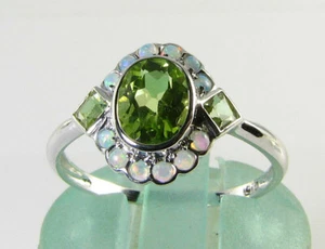 DAINTY 9k 9CT WHITE GOLD PERIDOT OPAL ART DECO INS CLUSTER RING FREE RESIZE - Picture 1 of 5