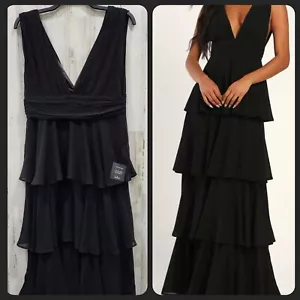 LULUS Amazing Evening Black Tiered V Neck & V Back Maxi Dress Size XL**NWOT** - Picture 1 of 11