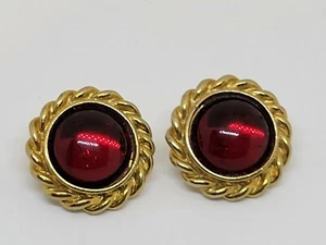 Vintage Gold Tone Red Lucite Cabochon Pierced Earrings - Picture 1 of 9
