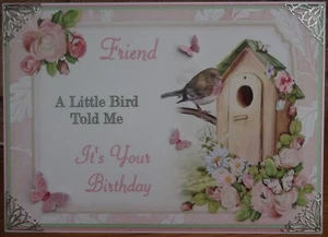 HANDMADE PERSONALISED FRIEND BIRTHDAY CARD WILDLIFE BIRDHOUSE AND FLOWERS DESIGN - Picture 1 of 4