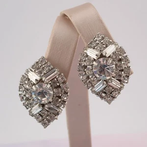 VTG Weiss Clear Rhinestone Baguette Round Eye Shaped Silver Tone Clip Earrings - Picture 1 of 6