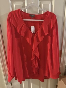 NWT Womens Size 2X The Limited Red Ruffle Accent V-Neck Button Down Blouse Top - Picture 1 of 3