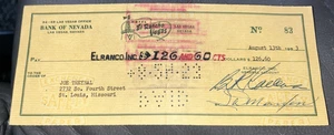 El Rancho Vegas Canceled Check To Joe Treybal Saint Louis Missouri 1953 - Picture 1 of 2