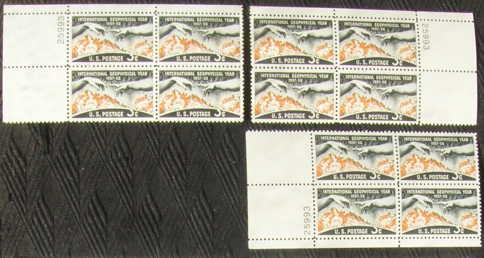 US 3¢ stamp SC #1107 International Geophysical Year MNH 3 matching plate blocks - Image 1 of 1