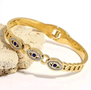 Evil Eye Edelstahl Armreif Armband Strass 14 Karat vergoldet - Bild 1 von 7