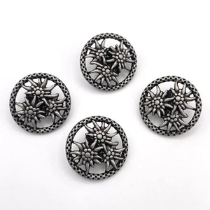Vtg Round Silver Tone Metal Edelweiss Flower 4 pc Shank Button Floral Motif 7/8" - Picture 1 of 6