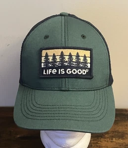Life is Good Truckermütze mit Druckknopflasche Tannenbaum Aufnäher grün und blau Netz - Bild 1 von 8