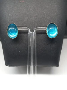 Juego de pendientes de cabujón ovalados azul laguna translúcidos vintage tono dorado - Imagen 1 de 7