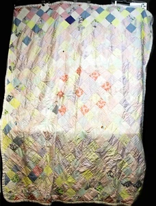 Vtg 80s Handmade Scrap Full Quilt Square Pastels Stripe Flower Cottage Country - Picture 1 of 12