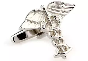 Paar Manschettenknöpfe Doktor Caduceus Asclepi Hochzeit ausgefallen Geschenkbox & Poliertuch - Bild 1 von 3