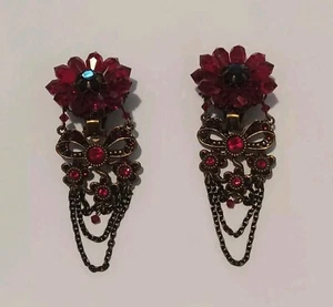 Vintage Michal Negrin Cranberry Red Rhinestone Floral Clip on Earrings Signed - Picture 1 of 4