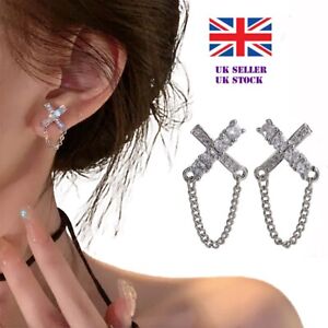 Womens Crystal CZ Cross Chain Earrings Link Drop Dangle 925 Sterling Silver Pin