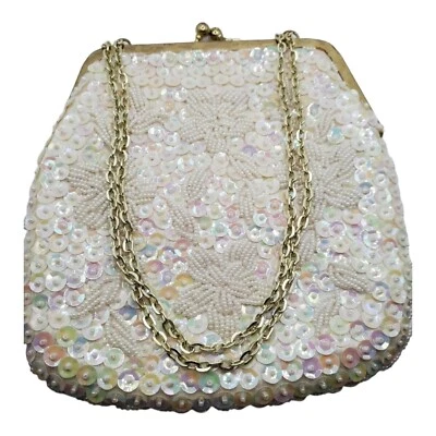 Vintage Wedding Purse White Beaded Iridescent Sequins Bride Styled By Bounty  - Image 1 of 4