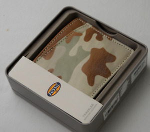 Fossil Men Camouflage Print Leather Hudson Bifold Traveler Wallet Gift Tin Box