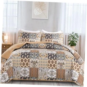 Boho Quilt Set King Size, Dark Brown Plaid Patchwork Bedspread Bedding Set - Picture 1 of 8