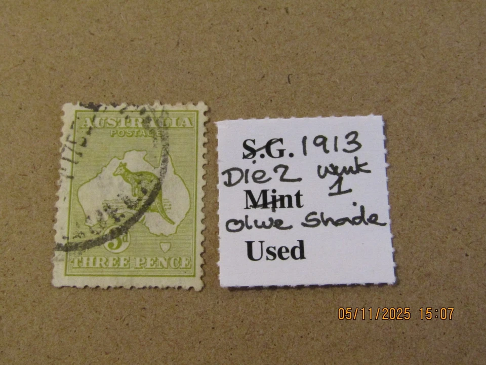 AUSTRALIA SG 5e KANGAROO 3d DIE 2 WMK 1/SG No2 WMK OLIVE USED CAT £120+ - Image 1 of 1