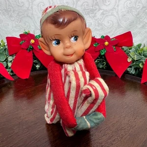 Vtg Japan 1950 MCM Knee Hugger Xmas Elf White & Red Striped Pixie Sitter Sitter - Picture 1 of 11