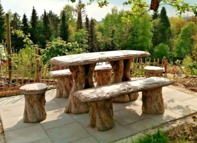 🔶 Sitzgruppe Stein Holz Optik Bank XXL SET Gartenbank Sitzbank Steine BLACKFORM - Bild 1 von 4
