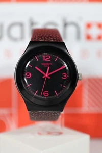 NEW SWISS Swatch PINK DROPS Black Aluminum Pink Dots Leather Women Watch YGB4005 - Picture 1 of 10