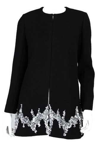 Giacca lunga CHANEL $20.100 2022 22A nera lana crepe argento paillettes orlo 40