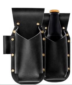 Men waist Belt Bag outdoors Beer Bottle water Can Drink Cow Leather black H621 - Picture 1 of 2