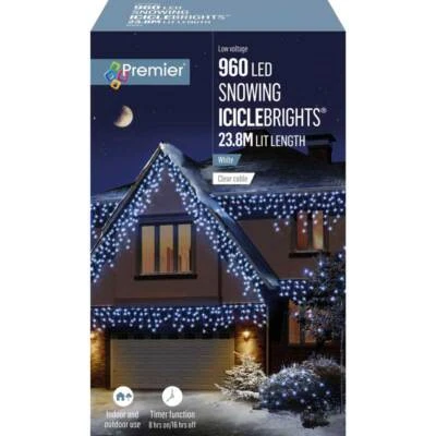Premier 960 LED Snowing Icicles Multi-Action Christmas Lights with Timer - WHITE - Image 1 of 2