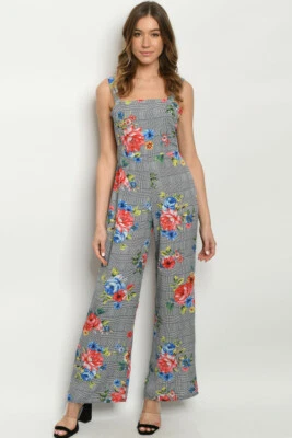 Women Navy Checkered Floral Romper Jumpsuit Casual Wide Leg Open Back Spring  - Image 1 of 3