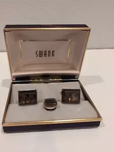 Set gemelli e spille vintage Swank pietra marrone chiaro tono oro - Foto 1 di 7