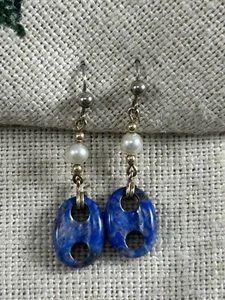 VINTAGE pair SILVER GILT and LAPIS LAZULI & PEARL mariner link drop earrings 925 - Picture 1 of 8