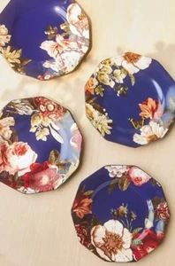 NEW Anthropologie Vanna Floral Dessert Plates Set of 4 Peony Rose Blue Fantasy - Picture 1 of 2