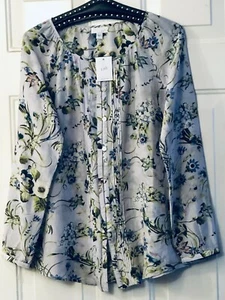 NWT J. Jill Blouse Button Tunic Long Sleeve Blend Silk Floral Pintuck - Picture 1 of 11