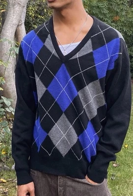 Suéter Argyle 100 % cachemir vintage Saks Fifth Ave 44 L Preppy Foto 1 de 4