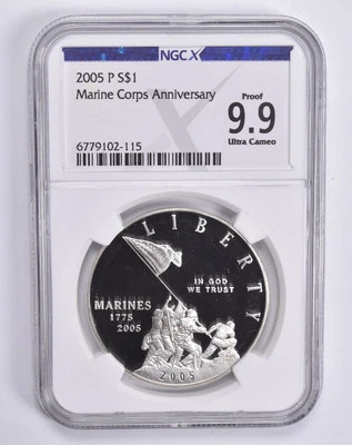 Proof 9.9 UCam 2005-P Marine Corps Commemorative Dollar NGC X NGCX - Image 1 of 4