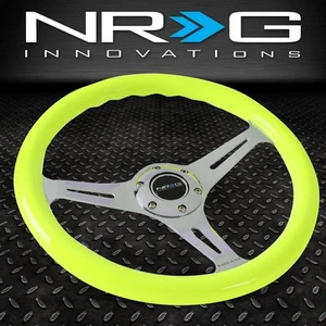 NRG 350MM NEON YELLOW WOOD GRAIN GRIP CHROME SPOKE STEERING WHEEL W/HORN BUTTON - Picture 1 of 5