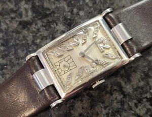 Hamilton Rectangular Platinum Wrist Watch with Hooded Lugs and Diamond Dial - Picture 1 of 9