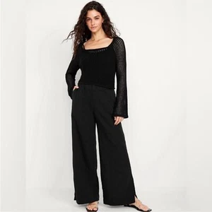 NWT! Black High-Waisted Crinkle Gauze Super Wide-Leg Pants - XS - Foto 1 di 9