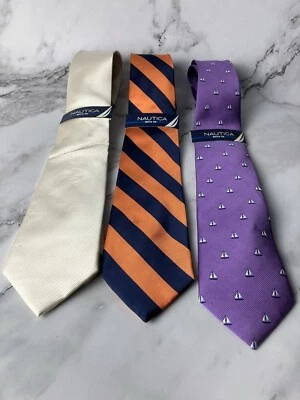 Nautica Multi Color  Set Of 3 Beige Orange Blue Stripes Purple  Silk Boys Tie  - Image 1 of 4