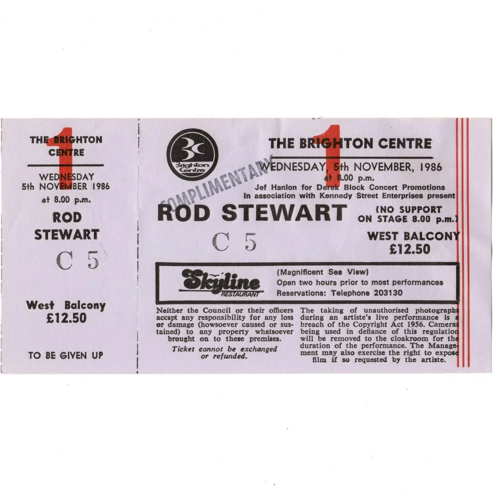 ROD STEWART Concert Ticket Stub BRIGHTON UK 11/5/86 EVERY BEAT OF MY HEART TOUR - Image 1 of 1