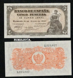 5 pesetas Burgos Julio 1937 "Portabella". OJO SIN SERIE nº 2221027. SC PLANCHA. - Picture 1 of 1