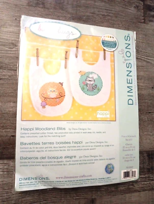 Dimensions HAPPY WOODLAND Owl Raccoon BIBS Stamped Cross Stitch Kit #70-73674 - Image 1 of 4