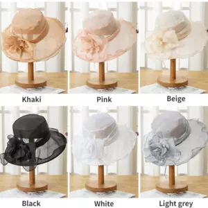 Women Organza Mesh Hat Wide Brim Sun Protect Cap Cocktail Wedding Beach Folding - Picture 1 of 23