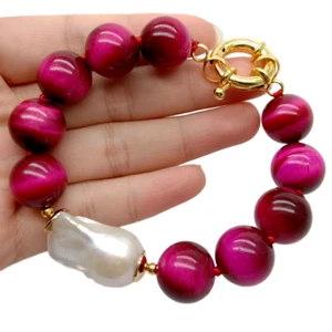 8.5" natural freshwater  White Keshi Pearl 14mm round Fuchsia Tiger Eye Bracelet - Picture 1 of 6
