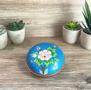 Vintage Chinese Cloisonné Enameled Round Blue Floral Lidded Trinket Box - 3.5" W - Picture 1 of 10