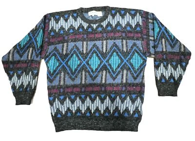 Suéter vintage Santana grande azul geométrico gola redonda suéter acrílico - Imagem 1 de 3