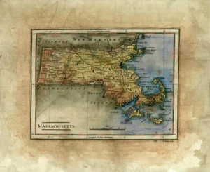 Massachussets Karte Kunstdruck Poster Reproduktion Kunstwerk Wand Wohndeko Geschenk - Bild 1 von 5