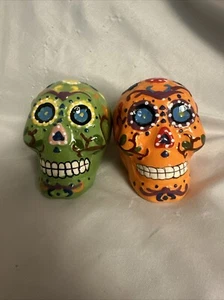 Orange And Green Skull Salt And Pepper Day Of The Dead Shakers - Picture 1 of 7