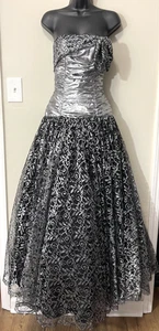 Vintage 80s Mike Benet Lace Metalic Dress Silver Black Goth Cosplay Steampunk S - Picture 1 of 17