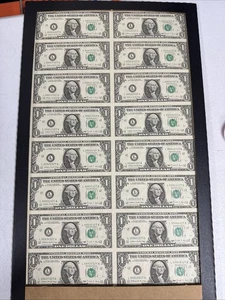 UNCUT UNCIRCULATED HALF SHEET OF 16 $1 ONE DOLLAR BILL 1988 BILLS WASHINGTON NEW - Picture 1 of 3
